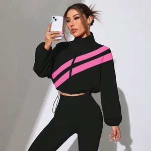 Women contrast diagonal stripe crop track jacket stand collar streetwear casual apparel