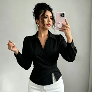 Women Long Sleeve V Neck Wrap Blouse Elegant Black Lapel Button Cuff Office Shirt Top