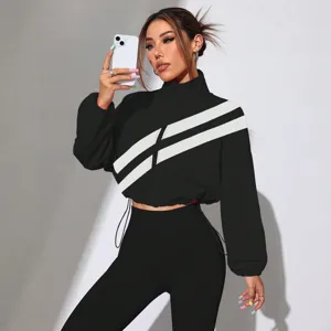 Women's Y2K Zip-Up Crop Jacket Casual Stand Collar Striped Sweatshirt Streetwear Outfit