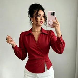 Women French Lapel V-Neck Crossover Wrapped Waist Slim Fit Long Sleeve Red Blouse