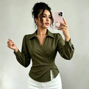 French lapel V-neck wrap waist long sleeve olive green shirt for women casual elegant top