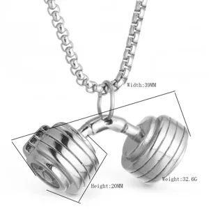 Stainless steel fitness dumbbell pendant necklace for men hip hop gym jewelry accessory.