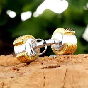 Stainless steel geometric dumbbell pendant necklace accessory, trendy hip hop fitness jewelry item.