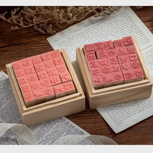 Wooden rubber stamp set 25pcs mini diary craft DIY decorative stamps in wooden storage box
