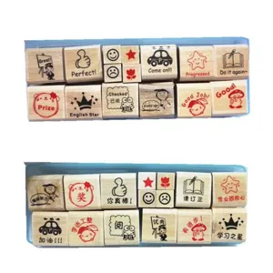 Lehrer Holzstempel Set mit süßen Cartoon-Mustern und ermutigenden Sprüchen auf Englisch.
