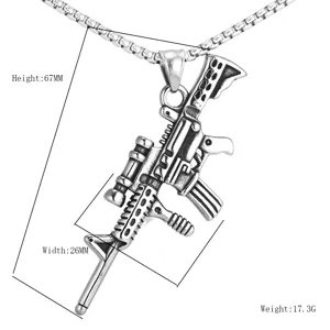 Stainless steel rifle pendant detail, punk rock necklace closeup view, 67mm height