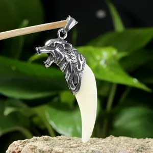 Wolf tooth pendant necklace for men, cool titanium steel animal head jewelry accessory.