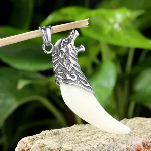 Men wolf tooth pendant necklace stainless steel dragon head cap cool animal jewelry accessory