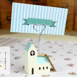 Mediterranean style wooden house memo clip card holder desktop photo display stand 8.5cm
