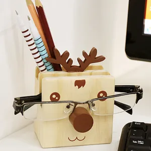 Wooden deer pen holder and glasses stand, cute desktop stationery organizer for office and study.