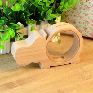 Wooden hippo piggy bank with clear acrylic window, creative animal coin bank for desktop decor.