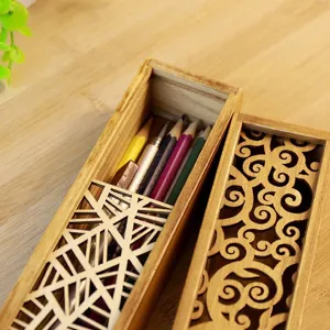 Creative wooden pencil box with hollow retro design, multi-functional stationery organizer.