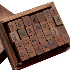 Vintage wooden stamp set 28pcs numbers weather icons diary DIY craft rubber stamps box.