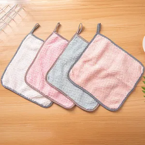 Hanging Coral Fleece Cleaning Cloth Absorbent Dishcloth Kitchen Rag Microfiber Checkered Dish Towel For Daily Home Cleaning
