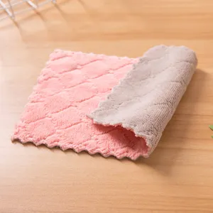 Close-up detail of double-sided microfiber dish cloth, soft absorbent cleaning rag for kitchen.