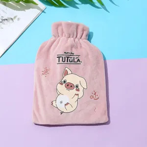 Pink plush hot water bag with cute pig print, thick hand warmer for winter warmth.