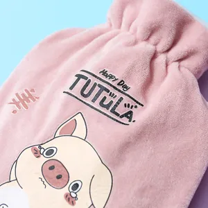 Cute pink plush hot water bag with cartoon pig print and drawstring design for warm hands.
