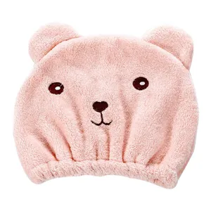 Cute pink bear coral fleece quick-drying hair drying cap for women soft bath towel shower hat.