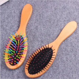 Wooden hair cushion massage brush, anti-static curly hair styling paddle comb for daily hair care.