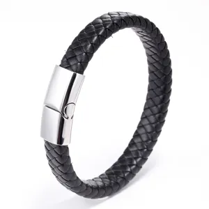Black braided leather bracelet with stainless steel magnetic clasp for men fashion jewelry detail