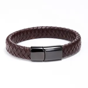 Close-up detail of mens braided leather bracelet featuring black magnetic stainless steel clasp.
