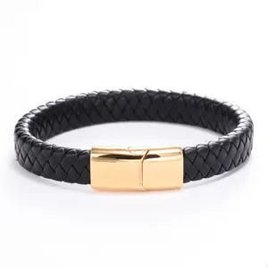 Close-up of black braided leather bracelet with gold stainless steel magnetic clasp.