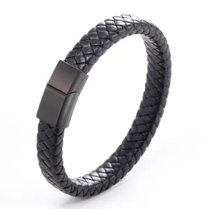 Detailed view of black braided leather bracelet for men with stainless steel magnetic clasp.