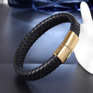 Men black braided leather bracelet with gold magnetic stainless steel clasp daily wrist jewelry
