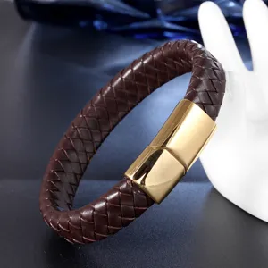 Men braided leather bracelet with stainless steel magnetic clasp for daily wear fashion jewelry