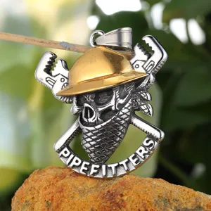 Stainless steel punk skull pendant with pipe wrenches and hard hat for men detail view.
