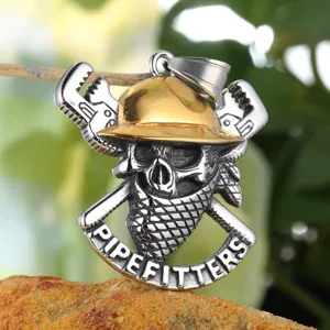 Stainless steel punk skull hard hat wrench pendant detail shot, rugged industrial style jewelry