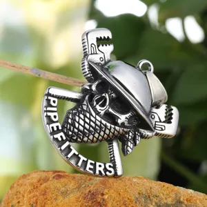 Stainless steel skull wrench pendant for men punk retro necklace jewelry closeup detail.