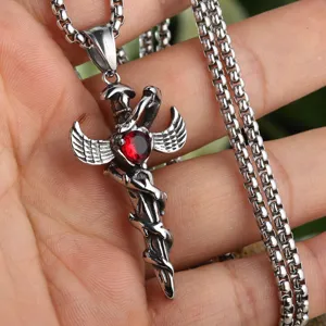 Gothique Punk Acier Inoxydable Croix Ailes Épée Pendentif Seul Sans Chaîne Noir Rouge Pierre Précieuse Bijoux Cadeau