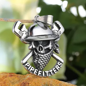 Vintage Stainless Steel Skull Pipewrench Pendant Punk Men Necklace Industrial Style Jewelry