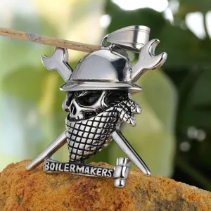 Pendentif tête de mort en acier inoxydable avec casque de chantier et clés pour style motard.