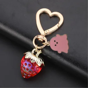 Portachiavi cuore fragola di cristallo rosso con ciondolo fantasma rosa per borsa regalo.