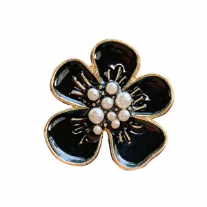 Five-petal flower car vent clip alloy black enamel pearl decorative accessory for auto interior