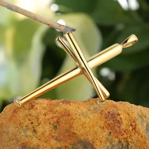 Gold stainless steel crossed baseball bat pendant necklace, exquisite detail view and polished finish.