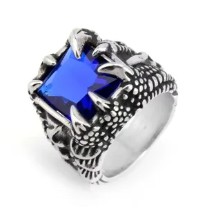 Gothic dragon claw ring with square blue gemstone for men and women punk style fashion jewelry