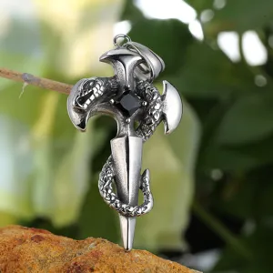 Close-up detail of the vintage alloy snake and sword cross pendant, showing exquisite texture.