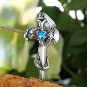 Retro alloy coiled snake sword pendant necklace detail view showing brilliant blue stone.