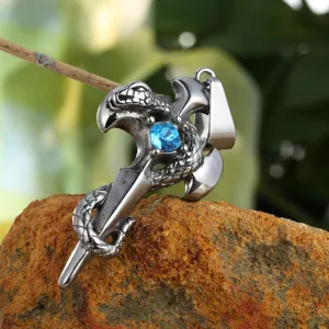 Retro alloy cross snake sword men pendant necklace with blue crystal stone detail.