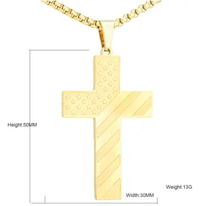 Edelstahl Gold Kreuz Anhänger Detail, US-Flagge Gravur, Maße 50x30mm, Gewicht 13g.