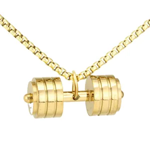 Gold titanium steel dumbbell pendant necklace close-up, fitness gym style unisex jewelry piece.