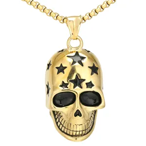 Edelstahl Stern Totenkopf Anhänger Halskette Punk Rock Biker Schmuck Detailaufnahme