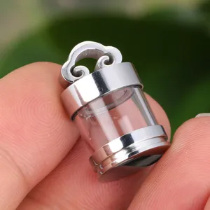 Titanium steel hollow glass pendant with cloud bail, openable design for cinnabar or crystals.
