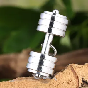 Titanium steel creative dumbbell pendant necklace, silver metal charm fashion jewelry accessory.