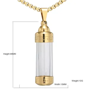 Collana con ciondolo cilindro in vetro trasparente e acciaio inossidabile dorato misure.