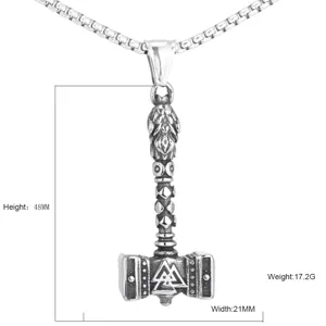Stainless steel Viking Thor hammer pendant necklace with Odin triangle symbol, durable men jewelry.