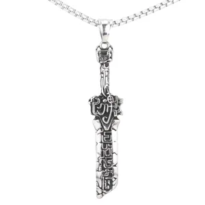 Punk style titanium steel broken sword pendant necklace for men, vintage silver detailed blade.